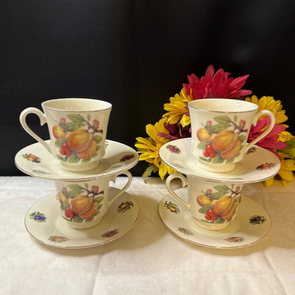 Set Of 4 Vintage Formalities By Baum Brothers Fruit Footed Cups & Saucer Set EVC - Picture 3 of 15